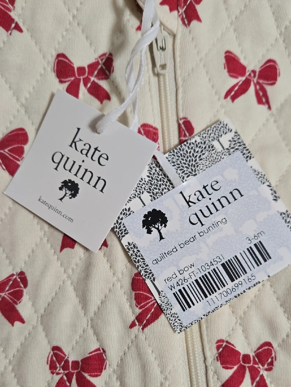 Kate Quinn Cream Quilted Hooded One-Piece with Red Bow Print Size 3-6 Months NWT
